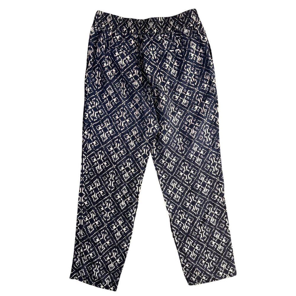 Style‎ Co Linen Pants Womens 4 Blue White Elastic Waist Pull On Loose Geometric